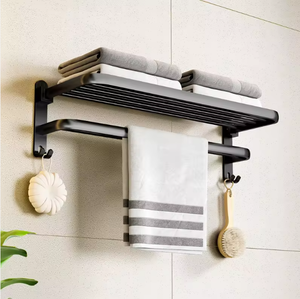 Black Wall Mounted Bathroom Towel Rack with Hooks Metal Folding <b>Storage</b> Shelf for Towels Clothes and <b>Bath</b> Accessories - Product Image 4