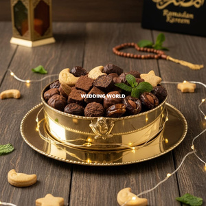 Plateau à chocolat ovale en métal avec deux bols, finition nickel brillant, décoration de table pour le Ramadan, bol à chocolat en métal de luxe - Product Image 4