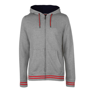 Sweat à capuche zippé gris chiné premium avec bordures et ourlet à rayures rouges, sweat à capuche sportif décontracté pour homme en molleton avec logo personnalisé - Product Image 2