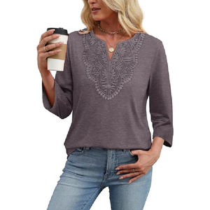 Blusa bohemia con cuello en V para mujer, blusa bordada con manga tres cuartos, Top de algodón holgado, ropa informal para primavera y verano - Product Image 5