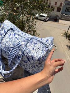 Large Floral Duffel <b>Bag</b> Women Travel <b>Bag</b> Cotton Quilted Weekender <b>Overnight</b> Gym <b>Bag</b> Lightweight Carry On Handmade Blue Print - Product Image 3