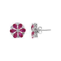 Natürliche Birnen-Rubin-Ohrstecker aus 14-karätigem Weißgold mit Blumenmotiv |   Diamant-Cluster Vintage Feiner Schmuck Geschenk für Frauen