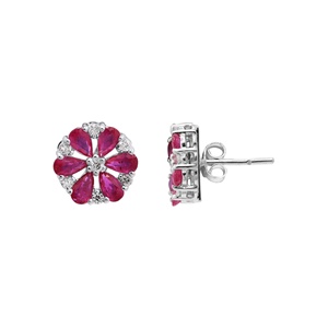 Boucles d'oreilles florales en or blanc 14 carats avec rubis naturel en forme de poire |   Bijoux fins vintage en forme de grappe de diamants, cadeau pour femmes - Product Image 4