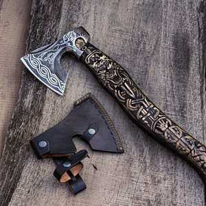 Handmade Carbon Steel Viking Battle <b>Axe</b> with Engraved Wooden <b>Handle</b> and Leather Sheath Camping Gift for Him - Product Image 4