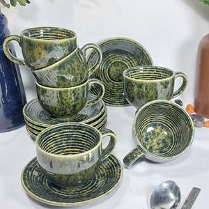 Ensemble de tasses à café et soucoupes en céramique artisanale de luxe, glaçure réactive bleu foncé, vaisselle en grès, tasses à thé, poterie artistique de studio - Product Image 2