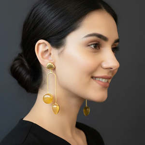 Gold Plated Brass Animal Geometric Pendulum Earrings with Pearl and Coral - Product Image 1