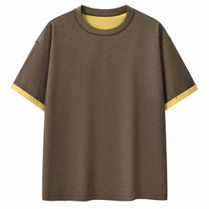 T-shirt décontracté en coton à col contrastant double couche, personnalisable, plusieurs couleurs, pour homme et femme, coupe épaules tombantes - Product Image 3