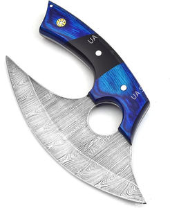 Cuchillo de Chef Ulu de Acero de Damasco con Hoja Afilada, Mango de Madera y Hueso, Acabado Cepillado, Funda de Cuero, Ambidiestro, para Corte Profesional - Product Image 3