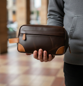 Classic Leather Toiletry Bag Rectangle Shape Durable Travel Storage Bag for Men <b>Brown</b> with Tan Accents - Product Image 6