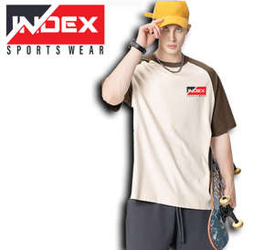 INDEX Men's Raglan Sleeve T-Shirt Cotton Jersey O-Neck Casual Solid Color Block Design Front <b>Logo</b> Regular Fit - Product Image 2