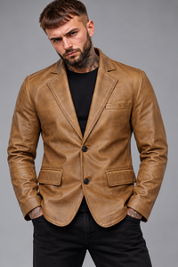 <b>Men</b> Premium Tan Brown Genuine <b>Leather</b> <b>Blazer</b> Single Breasted Two Button Closure Notch Lapel Collar Slim Fit Business Casual - Product Image 4