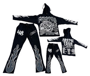 Ensemble de survêtement à capuche First48, manches longues, imprimé flamme, streetwear unisexe pour adultes, vêtements décontractés d'automne, 100% coton, fermeture à cordon - Product Image 3