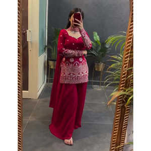 Salwar Kameez Rojo de Algodón para Fiesta, Talla XL, Top-Bottom y Dupatta con Bordado de Lentejuelas, Fendi Fashion - Product Image 2