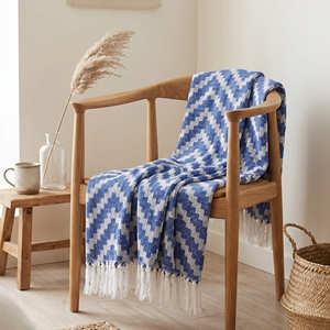 <b>Blue</b> Cotton Chevron Woven <b>Throw</b> <b>Blanket</b> 125x150 cm with Fringe for Armchair Sofa and Modern Coastal Home Décor - Product Image 1