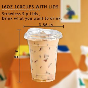 100 Set di Bicchieri Monouso in Plastica Trasparente con Coperchi in Cristallo e Funzione di Bevuta Senza Cannuccia - Product Image 1