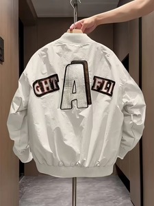 OEM 100% Cotton Men's White Bomber <b>Jacket</b> Embroidered <b>Patch</b> Design Zipper Closure Streetwear Style Breathable Eco-Friendly - Product Image 5