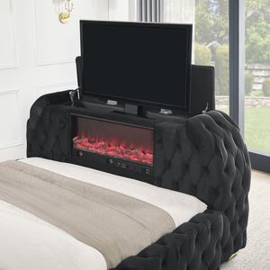 Tête de lit capitonnée en velours noir, design innovant, avec élévateur de télévision intégré, <span class=keywords><strong>confort</strong></span> luxueux, 1 pièce, pour lit King Size - Product Image 4