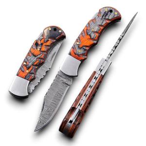 Cuchillo Plegable EDC de Acero de Damasco de Grado Industrial con Mango de Madera Pakka y Hoja de 2mm de Grosor con Punta Caída, Disponible para OEM/ODM, para Exteriores - Product Image 1