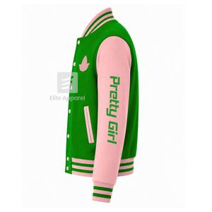 Veste universitaire personnalisée Alpha Kapa Alpha Sorority, verte et rose, manches longues, fermeture éclair sur le devant, col à bandes, logo brodé, coton - Product Image 4