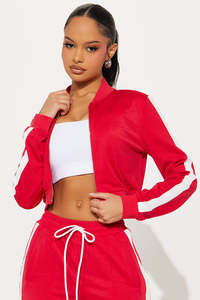 Ensemble de survêtement rouge pour femmes, pantalon long avec rayures blanches, style sportif, coupe ample, matière polyester respirante, vêtements décontractés - Product Image 2