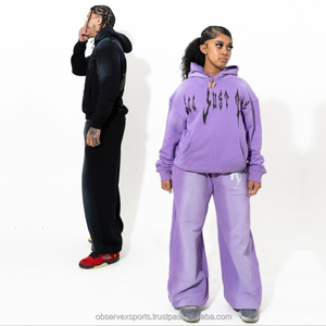 Conjunto de Sudadera con Capucha y Pantalones Deportivos Holgados, Corte Cuadrado, con Logotipo Bordado, Unisex, Grueso, para Invierno - Product Image 2