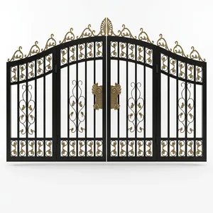 Portail double battant élégant en fer noir avec ornements dorés et motifs floraux pour entrée de villa - Product Image 5