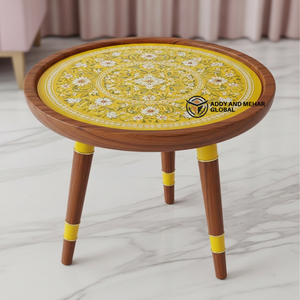 Modern Yellow Meena Design <b>Round</b> Wooden <b>Stool</b> – Artistic Home Decor Accent Furniture - Product Image 1