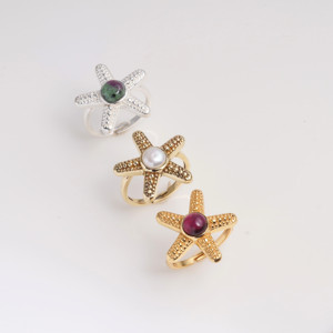 Gold Plated Brass Modern Starfish Garnet Cabochon Adjustable Ocean Inspired <b>Statement</b> <b>Ring</b> Handmade Women Jewelry - Product Image 3