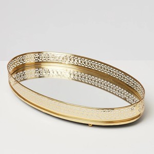 Luxury Oval Brass Serving Tray with <b>Mirror</b> Base Decorative Metal Platter for Home Hotel Dining <b>Table</b> Centerpiece Display - Product Image 1