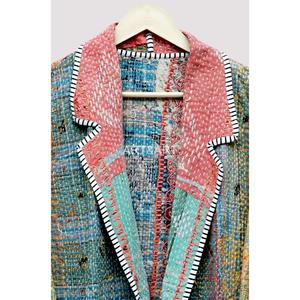 Chaqueta Blazer de Tweed con Parches para Mujer, Diseño Color Block, Cuello Camisero, Manga Larga, Estilo Boho Vintage - Product Image 3