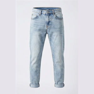 Jean en denim délavé coupe droite pour homme, coupe slim, taille mi-haute, en coton, décontracté, bleu clair, style printemps - Product Image 1