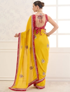 KV Women's Embroidered Wrinkle-Free Reversible Autumn Bollywood Georgette Floral Print <b>Saree</b> with Unstitched Blouse (<b>Yellow</b>) - Product Image 6