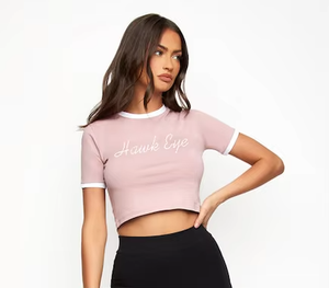 เสื้อยืดแขนสั้นคอกลมสีชมพูสำหรับผู้หญิง รุ่นฮอว์คอาย ทรงเข้ารูป ผ้าเจอร์ซีย์คอตตอน ใส่สบายๆ สำหรับฤดูใบไม้ผลิและฤดูร้อน - Product Image 1
