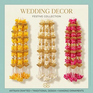 Guirlandes de mariage en tissu de coton faites à la main avec pompons Gota, chaînes décoratives suspendues, pendentifs floraux perlés, cordons pour fête Mehendi - Product Image 2