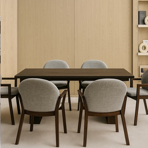 Juego de mesa de comedor rectangular de madera oscura con sillas tapizadas en tela gris para comedor - Product Image 1