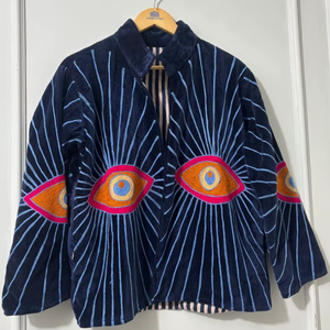 Velvet Suzani Embroidered Bomber <b>Jacket</b> with Letter Design 100% Cotton Eco-Friendly - Product Image 2