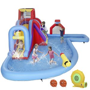 Scivolo Gonfiabile Acquatico con Parete da Arrampicata, Canestro da Basket e Soffiatore da 480W - Product Image 1