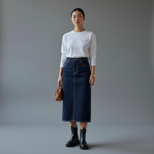 Women's Dark Wash Denim Pencil <b>Skirt</b> <b>Midi</b> Length Solid Color Casual Autumn Wear Button Front Woven Cotton Regular Fit - Product Image 1