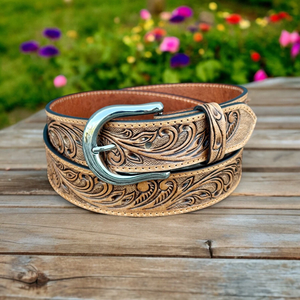 Men's Tan Cowhide Western Leather <b>Tooling</b> <b>Belt</b> with Brass Pin Buckle 3D Design Eco Friendly Durable Heavy Duty Custom Length - Product Image 4