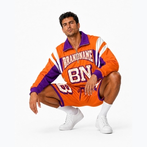 Custom Brand Name Men's Sporty Streetwear Tracksuit Set Orange Purple Quarter-Zip Jacket Shorts Woven Satin Spring Windbreaker - Product Image 6