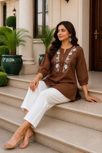 Ensemble décontracté pour femmes, haut en coton brodé marron avec pantalon blanc, style indien pakistanais, à porter toute l'année - Product Image 2