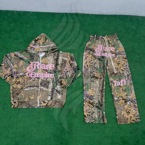 Ensemble de survêtements décontractés pour hommes, sweat à capuche et pantalon de jogging unis, avec broderie et impression sérigraphiée effet vieilli, 100% coton - Product Image 1