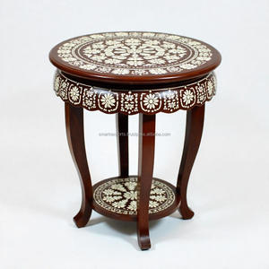 Mesa redonda de madera de la mejor calidad con patrón de incrustaciones de hueso Taburetes y otomanos únicos - Product Image 4