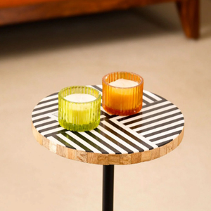 Stripe Statement Drink <b>Table</b> Modern <b>Round</b> Drink <b>Table</b> With Striped Wood Top - Product Image 2