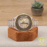Montre pour homme entièrement sertie de pierres, bicolore, avec chiffres romains, en acier inoxydable, mouvement mécanique, style hip-hop pour rappeur