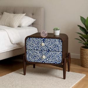 Mesita de noche decorativa con incrustaciones de hueso, hecha a mano, con diseño de patrón único para una decoración elegante del dormitorio. - Product Image 1