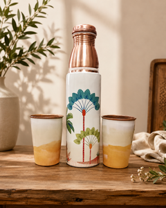 Botella de agua antigua de cobre ecológica a prueba de fugas con estampado de árbol, con juego de 2 vasos de regalo, portátil, reutilizable, para uso doméstico, con tapa. - Product Image 1