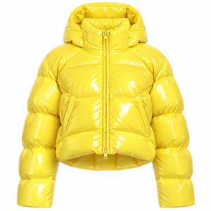 Chaqueta corta acolchada con capucha para hombre, ecológica, cortavientos, amarilla brillante, gruesa y cálida, de fibra de poliéster, con cremallera, para invierno. - Product Image 1