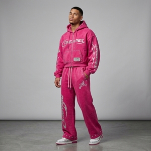 Conjunto Deportivo Rosa Personalizado con Logotipo ONEAPEX en Pedrería, Sudadera con Cremallera y Pantalones Anchos, Ropa Urbana para Hombre, Fabricante de Ropa de Lujo OEM ODM - Product Image 1