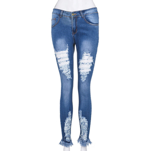 Jeans de Mezclilla Ajustados de Cintura Alta para Mujer, Personalizados, Desgastados, Estilo Vintage, Casuales, de Algodón Azul, para Otoño - Product Image 1